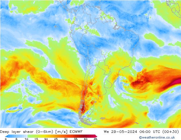 Deep layer shear (0-6km) ECMWF Qua 29.05.2024 06 UTC