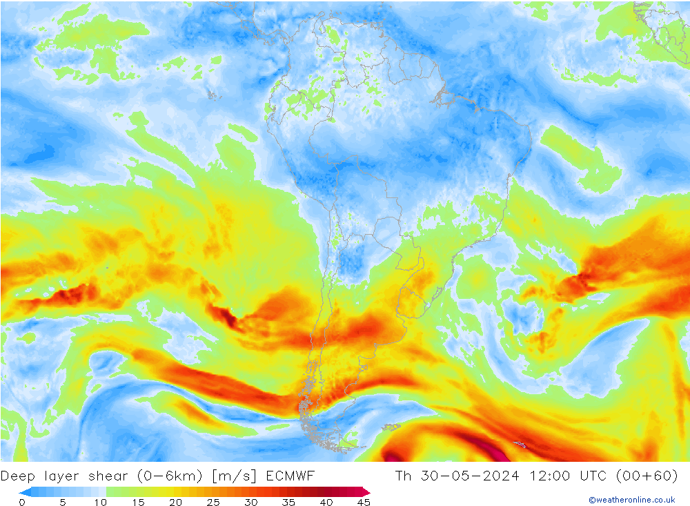 Deep layer shear (0-6km) ECMWF jeu 30.05.2024 12 UTC