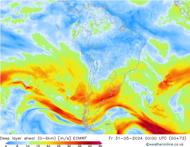 Deep layer shear (0-6km) ECMWF vie 31.05.2024 00 UTC