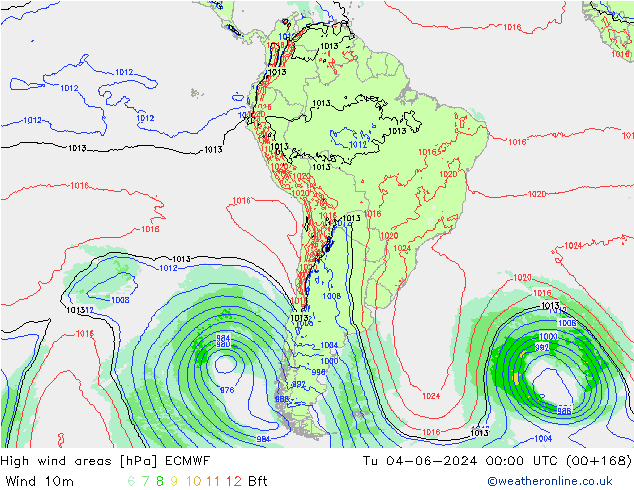 High wind areas ECMWF вт 04.06.2024 00 UTC