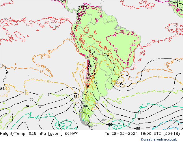 Height/Temp. 925 hPa ECMWF Tu 28.05.2024 18 UTC