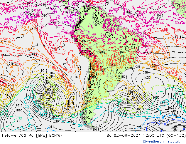 Theta-e 700hPa ECMWF Su 02.06.2024 12 UTC