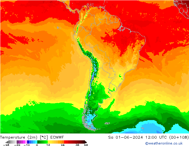 température (2m) ECMWF sam 01.06.2024 12 UTC