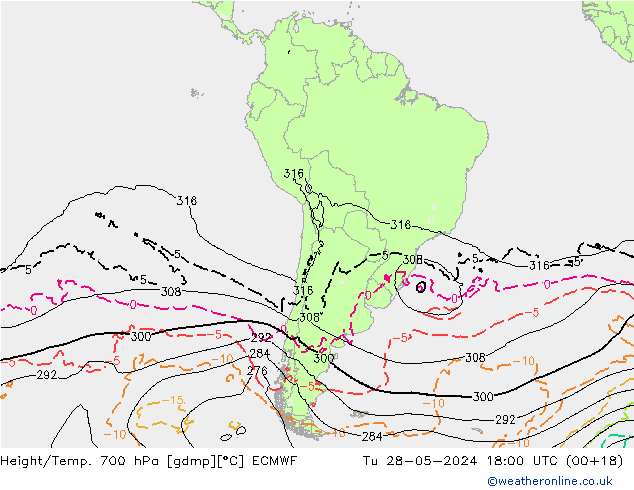 Height/Temp. 700 hPa ECMWF Tu 28.05.2024 18 UTC