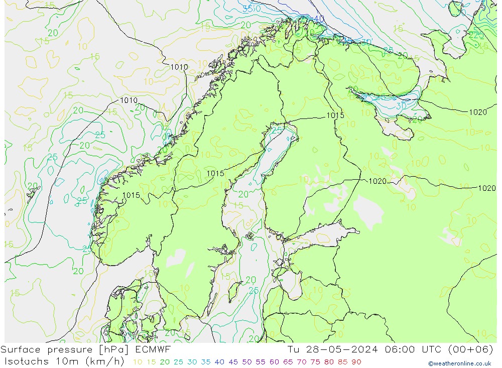 Izotacha (km/godz) ECMWF wto. 28.05.2024 06 UTC