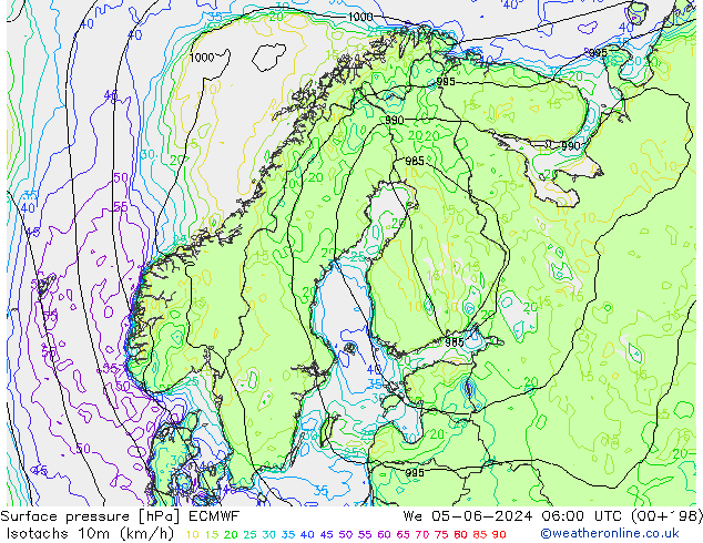 Isotachen (km/h) ECMWF wo 05.06.2024 06 UTC