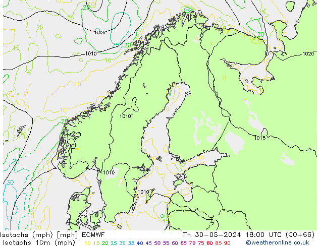 Isotachen (mph) ECMWF Do 30.05.2024 18 UTC