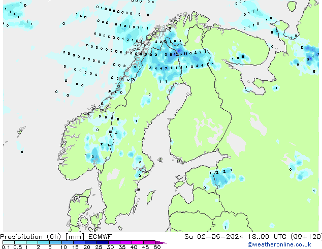 Precipitation (6h) ECMWF Su 02.06.2024 00 UTC