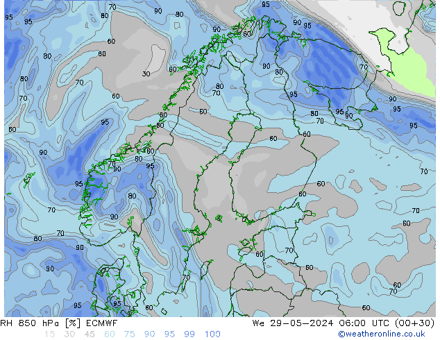 Humidité rel. 850 hPa ECMWF mer 29.05.2024 06 UTC