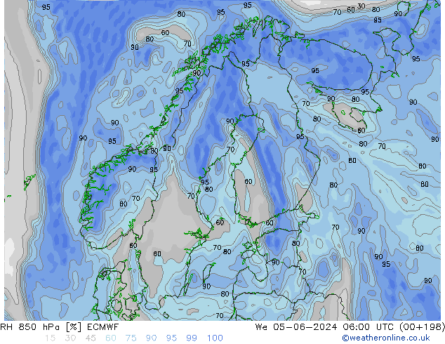 Humidité rel. 850 hPa ECMWF mer 05.06.2024 06 UTC