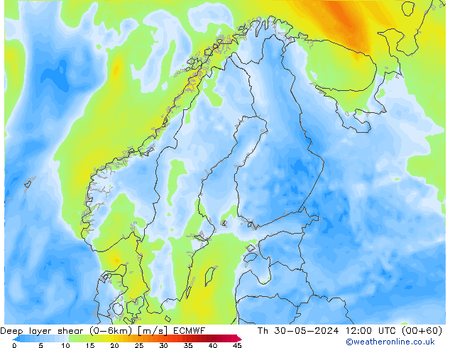 Deep layer shear (0-6km) ECMWF jeu 30.05.2024 12 UTC