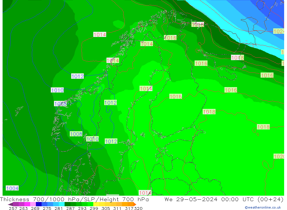 Thck 700-1000 hPa ECMWF We 29.05.2024 00 UTC