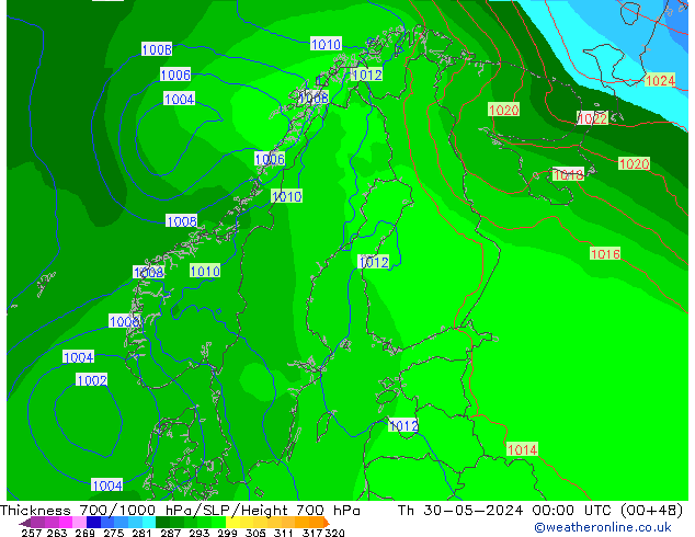 Thck 700-1000 hPa ECMWF Qui 30.05.2024 00 UTC