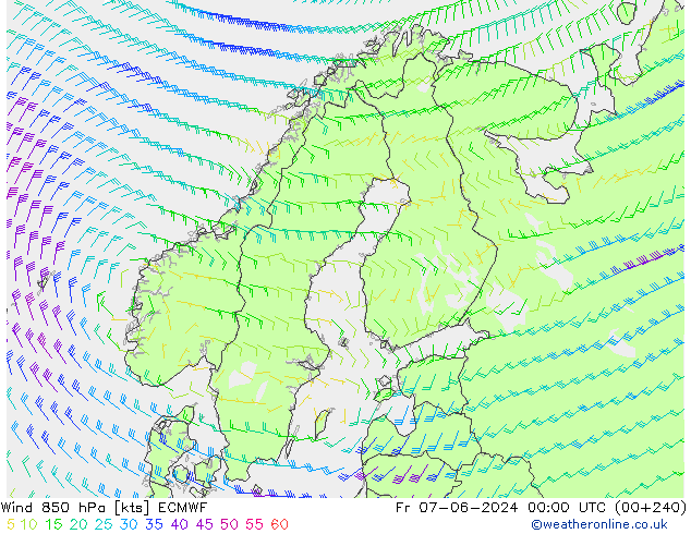 Rüzgar 850 hPa ECMWF Cu 07.06.2024 00 UTC