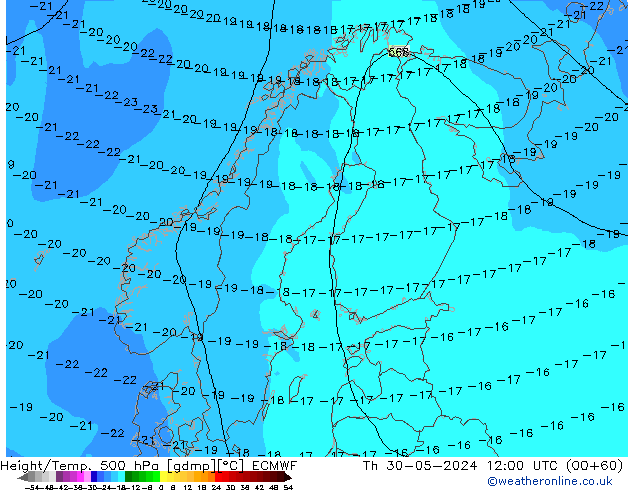 Z500/Rain (+SLP)/Z850 ECMWF czw. 30.05.2024 12 UTC