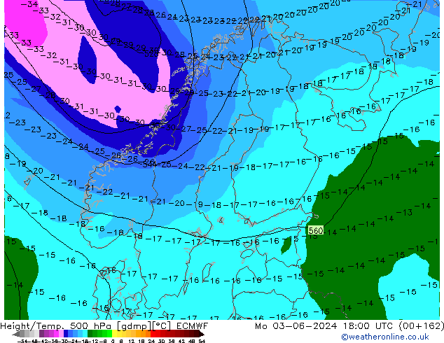 Z500/Yağmur (+YB)/Z850 ECMWF Pzt 03.06.2024 18 UTC