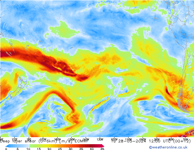 Deep layer shear (0-6km) ECMWF di 28.05.2024 12 UTC