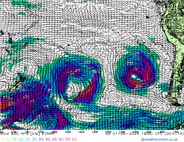 Viento 850 hPa ECMWF sáb 01.06.2024 18 UTC