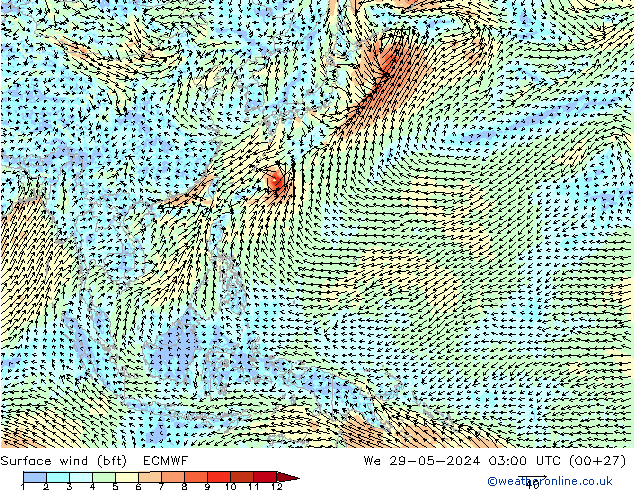 Vento 10 m (bft) ECMWF Qua 29.05.2024 03 UTC