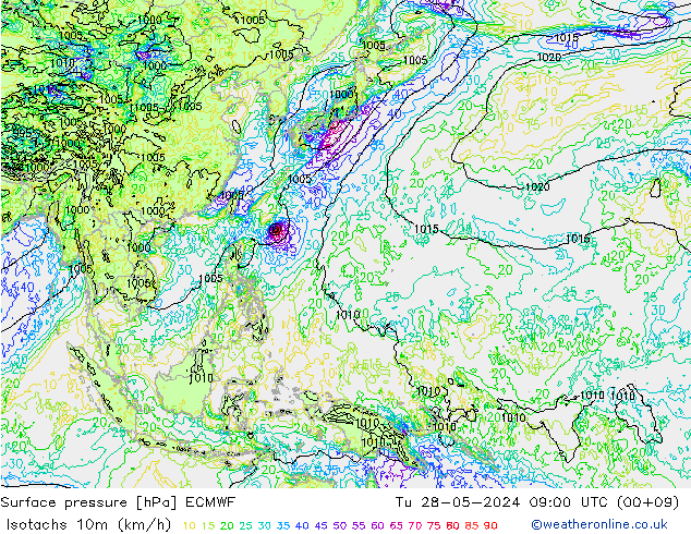 Isotachs (kph) ECMWF Tu 28.05.2024 09 UTC