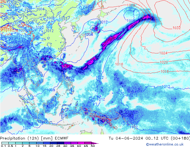 Totale neerslag (12h) ECMWF di 04.06.2024 12 UTC