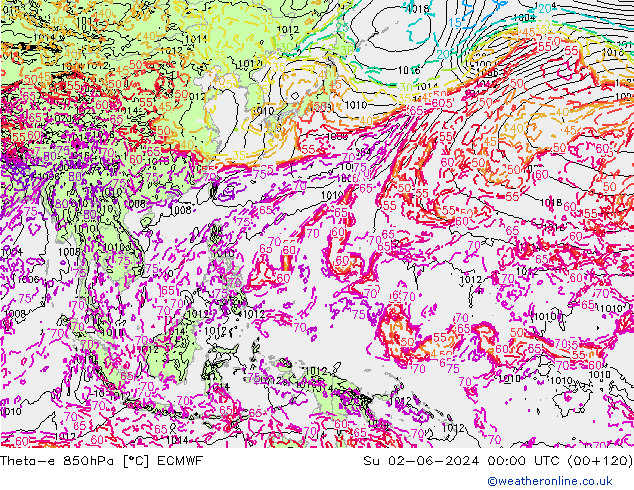 Theta-e 850hPa ECMWF zo 02.06.2024 00 UTC