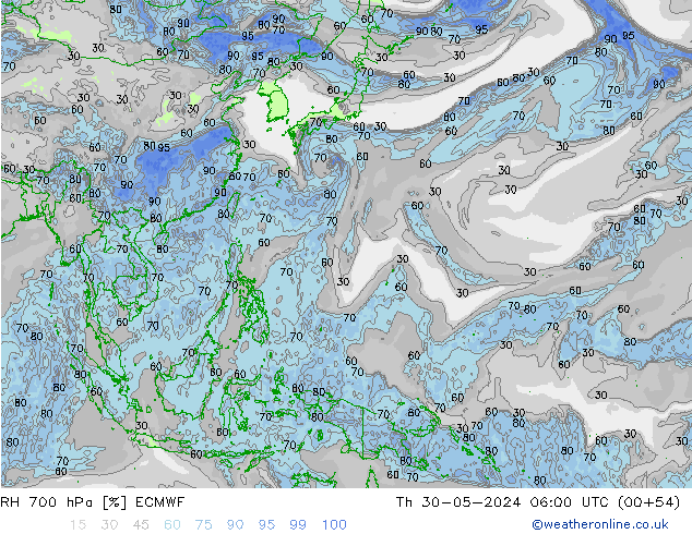 RH 700 hPa ECMWF Th 30.05.2024 06 UTC