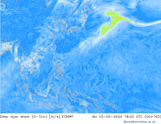 Deep layer shear (0-1km) ECMWF lun 03.06.2024 18 UTC