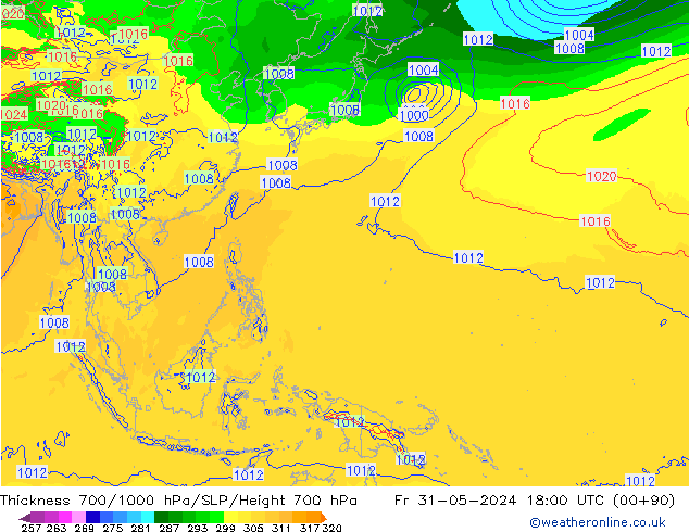 Thck 700-1000 гПа ECMWF пт 31.05.2024 18 UTC