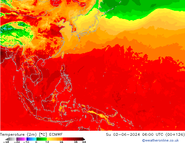 Temperatuurkaart (2m) ECMWF zo 02.06.2024 06 UTC
