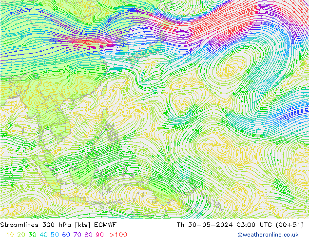 Linia prądu 300 hPa ECMWF czw. 30.05.2024 03 UTC