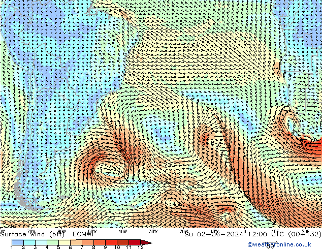 Viento 10 m (bft) ECMWF dom 02.06.2024 12 UTC