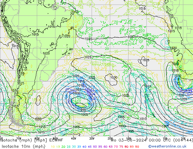 Isotachs (mph) ECMWF lun 03.06.2024 00 UTC