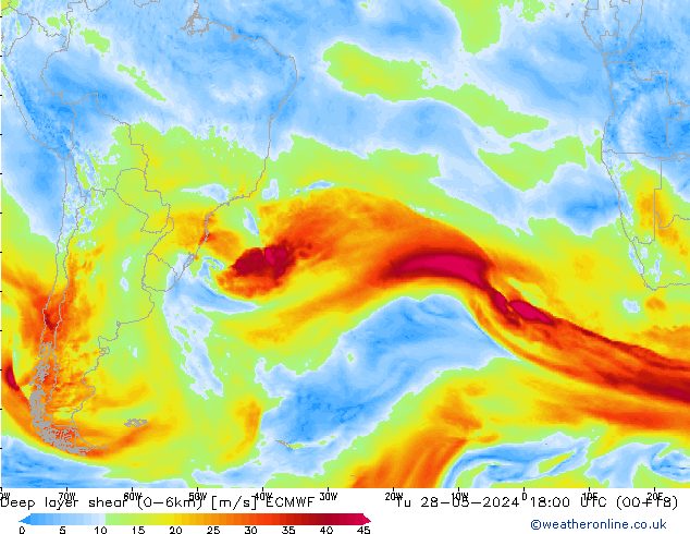 Deep layer shear (0-6km) ECMWF Út 28.05.2024 18 UTC