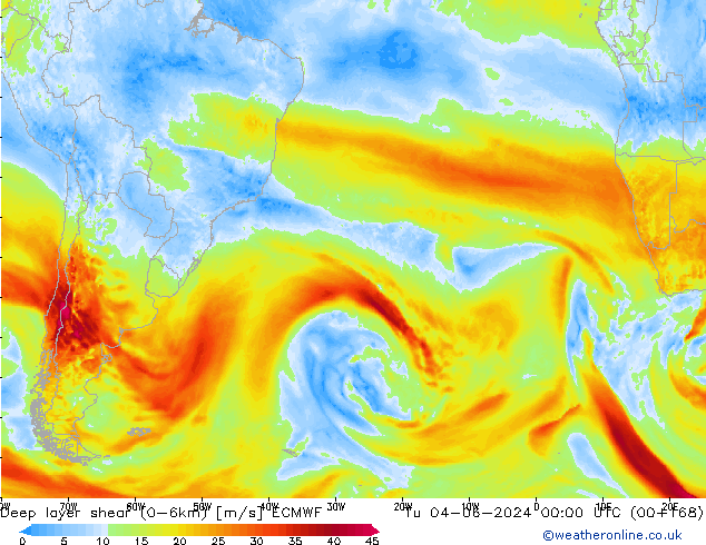 Deep layer shear (0-6km) ECMWF Tu 04.06.2024 00 UTC