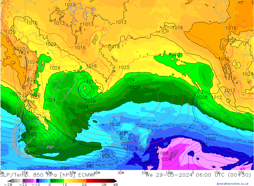 SLP/Temp. 850 гПа ECMWF ср 29.05.2024 06 UTC