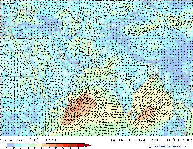 Vento 10 m (bft) ECMWF mar 04.06.2024 18 UTC