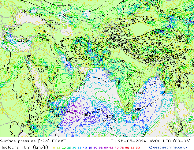 Isotachen (km/h) ECMWF di 28.05.2024 06 UTC