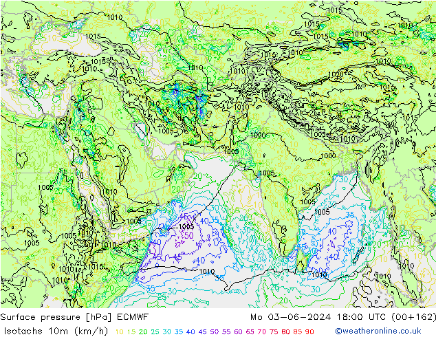 Isotachs (kph) ECMWF пн 03.06.2024 18 UTC