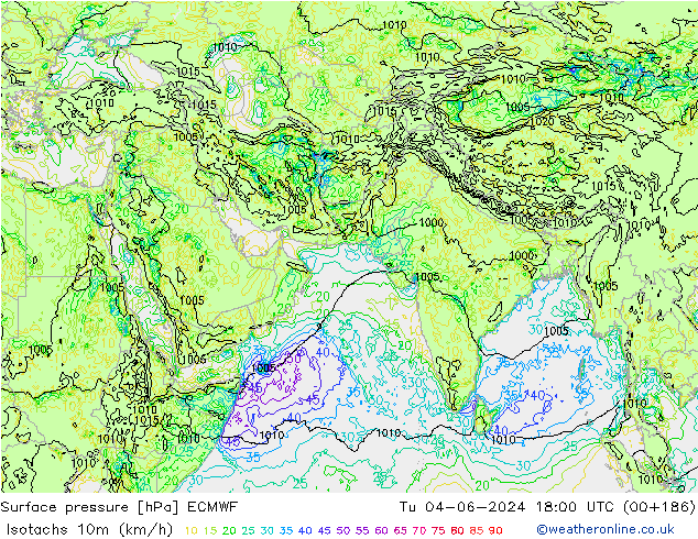 Isotachs (kph) ECMWF вт 04.06.2024 18 UTC