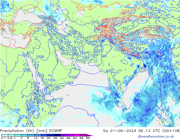 Precipitation (6h) ECMWF Sa 01.06.2024 12 UTC