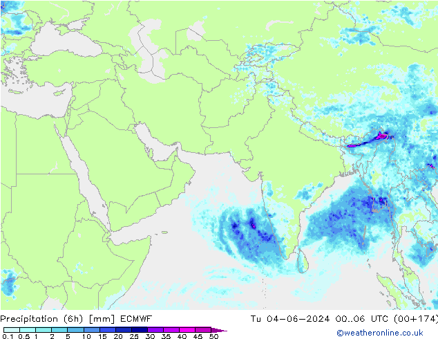 Precipitation (6h) ECMWF Tu 04.06.2024 06 UTC