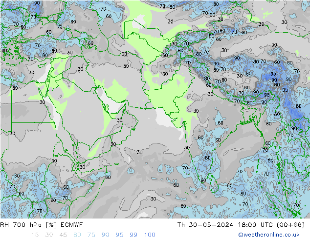 RH 700 hPa ECMWF Th 30.05.2024 18 UTC