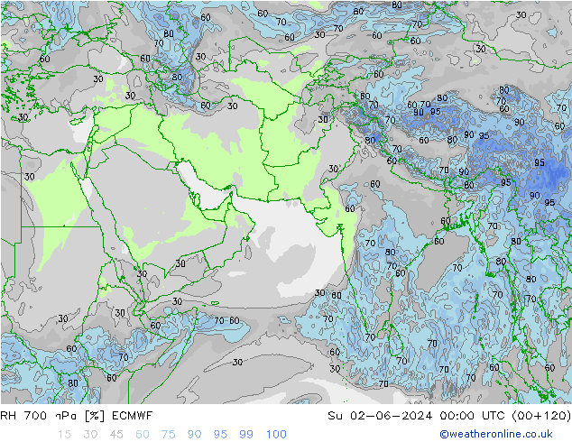 Humidité rel. 700 hPa ECMWF dim 02.06.2024 00 UTC