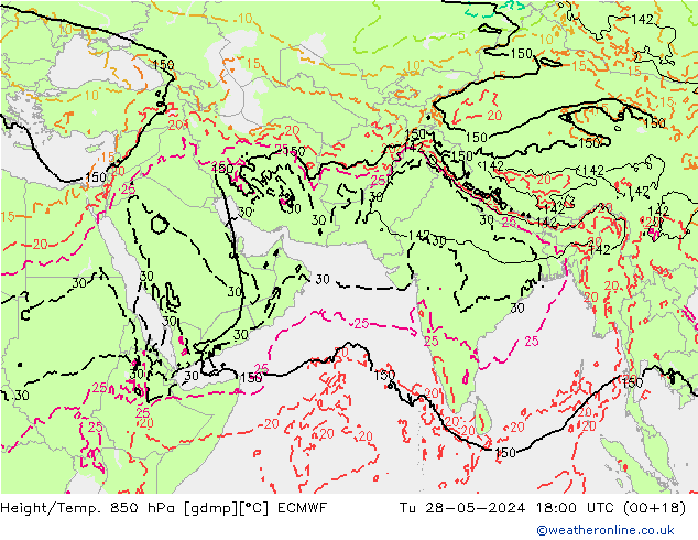 Height/Temp. 850 hPa ECMWF Tu 28.05.2024 18 UTC