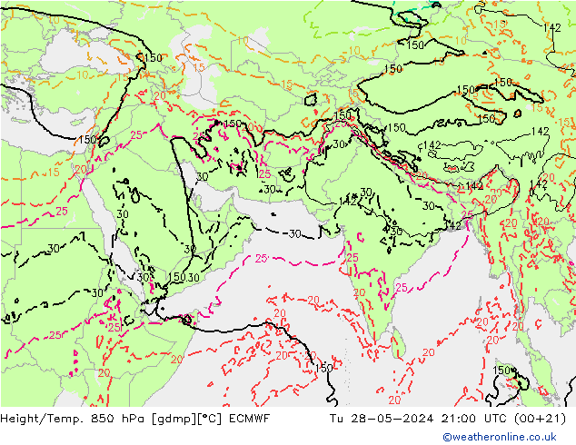 Height/Temp. 850 hPa ECMWF mar 28.05.2024 21 UTC