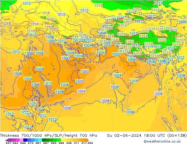 Schichtdicke 700-1000 hPa ECMWF So 02.06.2024 18 UTC