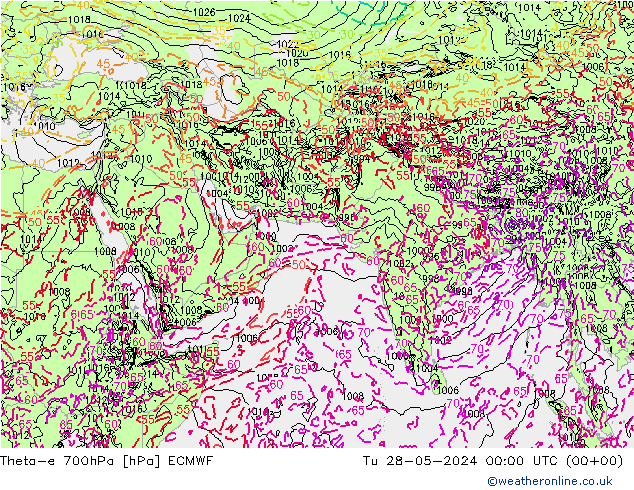 Theta-e 700hPa ECMWF  28.05.2024 00 UTC