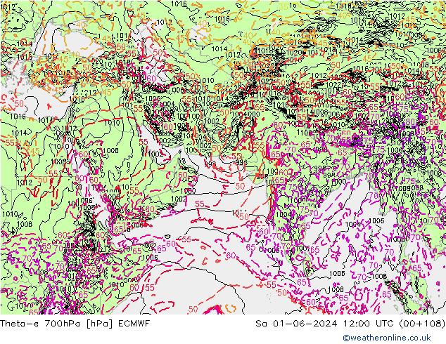 Theta-e 700гПа ECMWF сб 01.06.2024 12 UTC