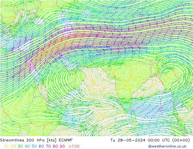 Línea de corriente 200 hPa ECMWF mar 28.05.2024 00 UTC